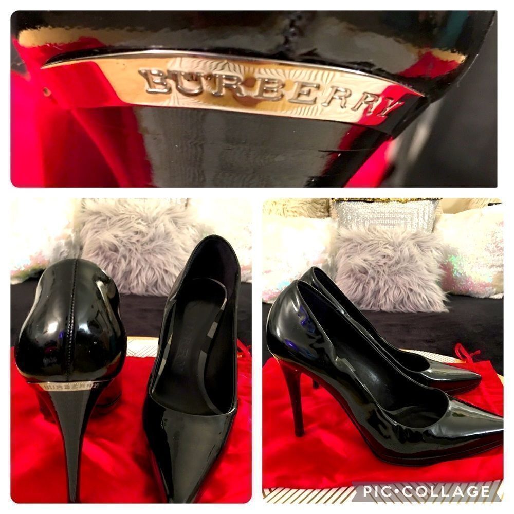 Authentic Burberry Metal logo tag,‎ patent leather stilettos